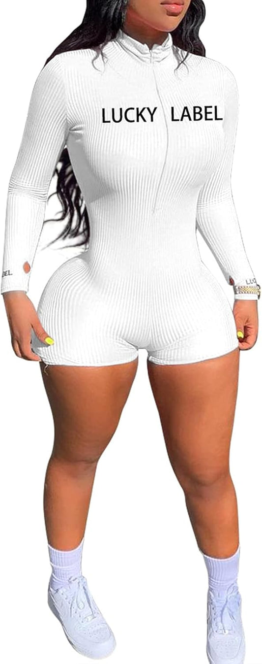 Women Bodycon Jumpsuit Rompers Sexy Long Sleeve Zipper Rib Thumb Hole Stretchy 1 Piece Outfits Bodysuit White XL