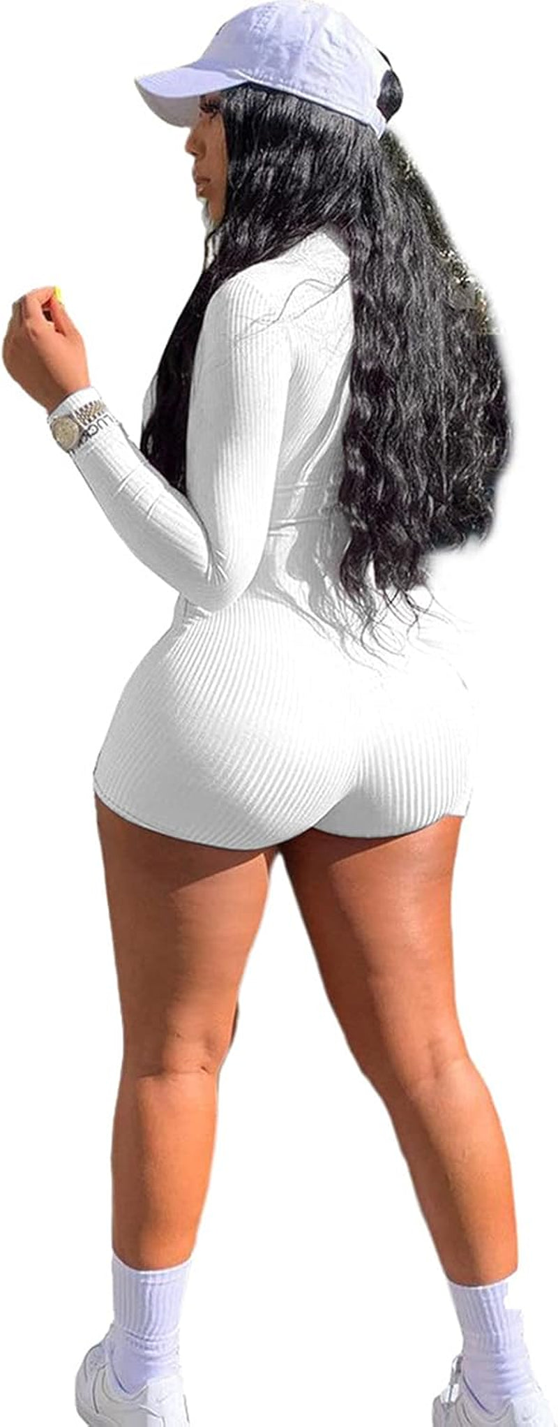 Women Bodycon Jumpsuit Rompers Sexy Long Sleeve Zipper Rib Thumb Hole Stretchy 1 Piece Outfits Bodysuit White XL