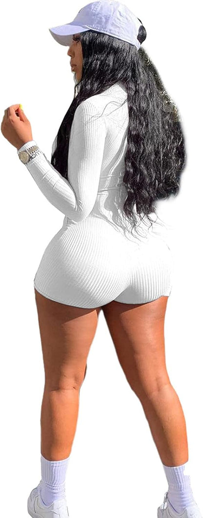 Women Bodycon Jumpsuit Rompers Sexy Long Sleeve Zipper Rib Thumb Hole Stretchy 1 Piece Outfits Bodysuit White XL