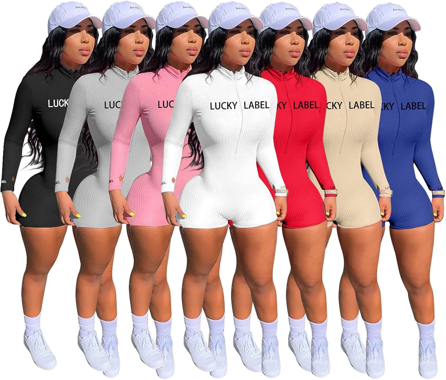 Women Bodycon Jumpsuit Rompers Sexy Long Sleeve Zipper Rib Thumb Hole Stretchy 1 Piece Outfits Bodysuit White XL